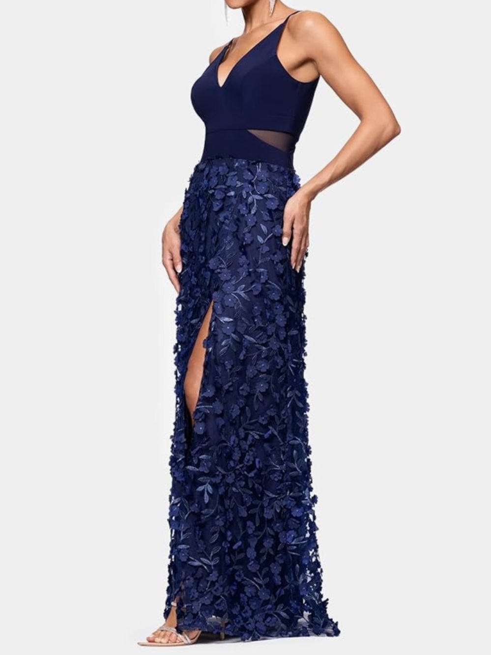 Xscape Navy Blue 3D Floral Appliqué Evening Gown Formal Dress Size 10 NWT - Picture 3 of 10